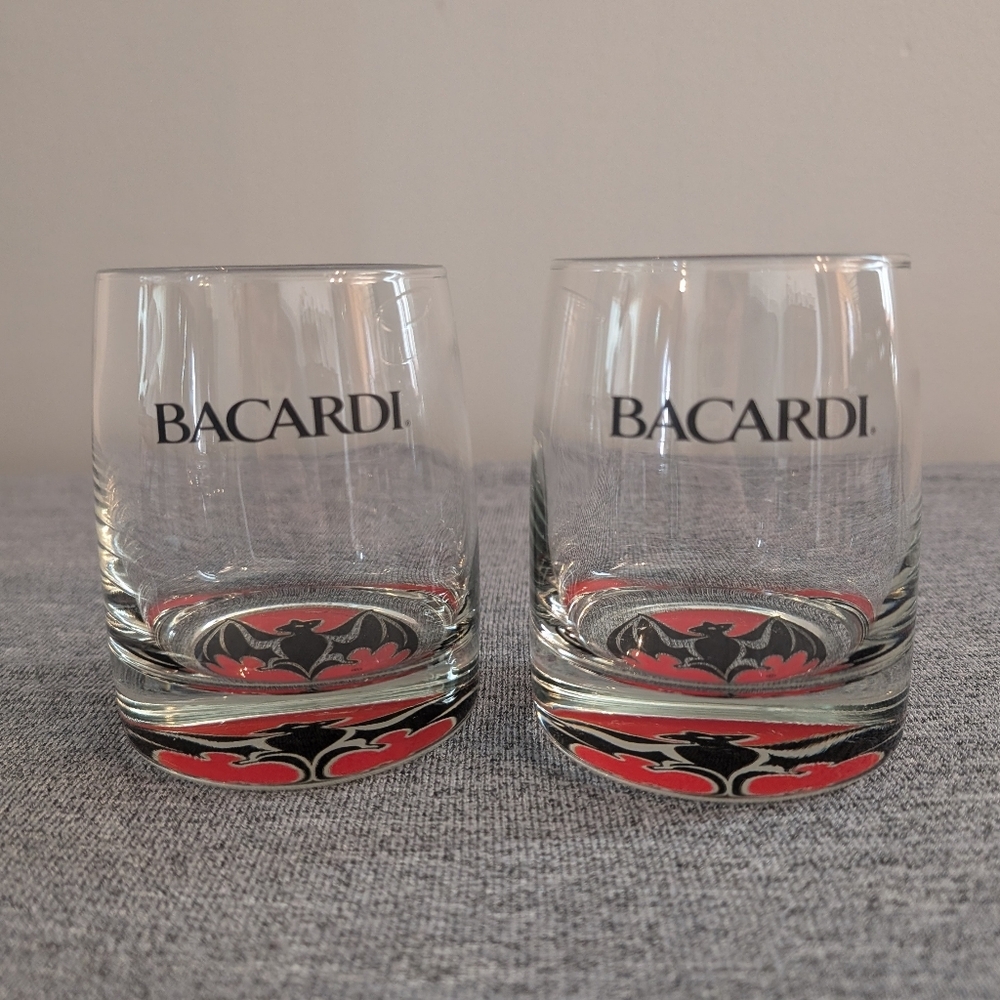 Bacardi Lowball Glasses with Red and Black Bat Logo on Bottom, Set of 2